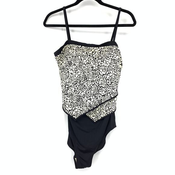 It Figures One Piece Swimsuit Womens Sz 14 Black White Floral Print Layered Look - Picture 1 of 6